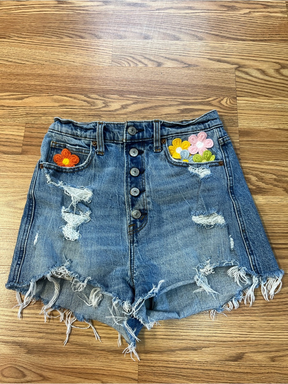 High-Rise Distressed Denim Shorts with Floral Embroidery - Blue